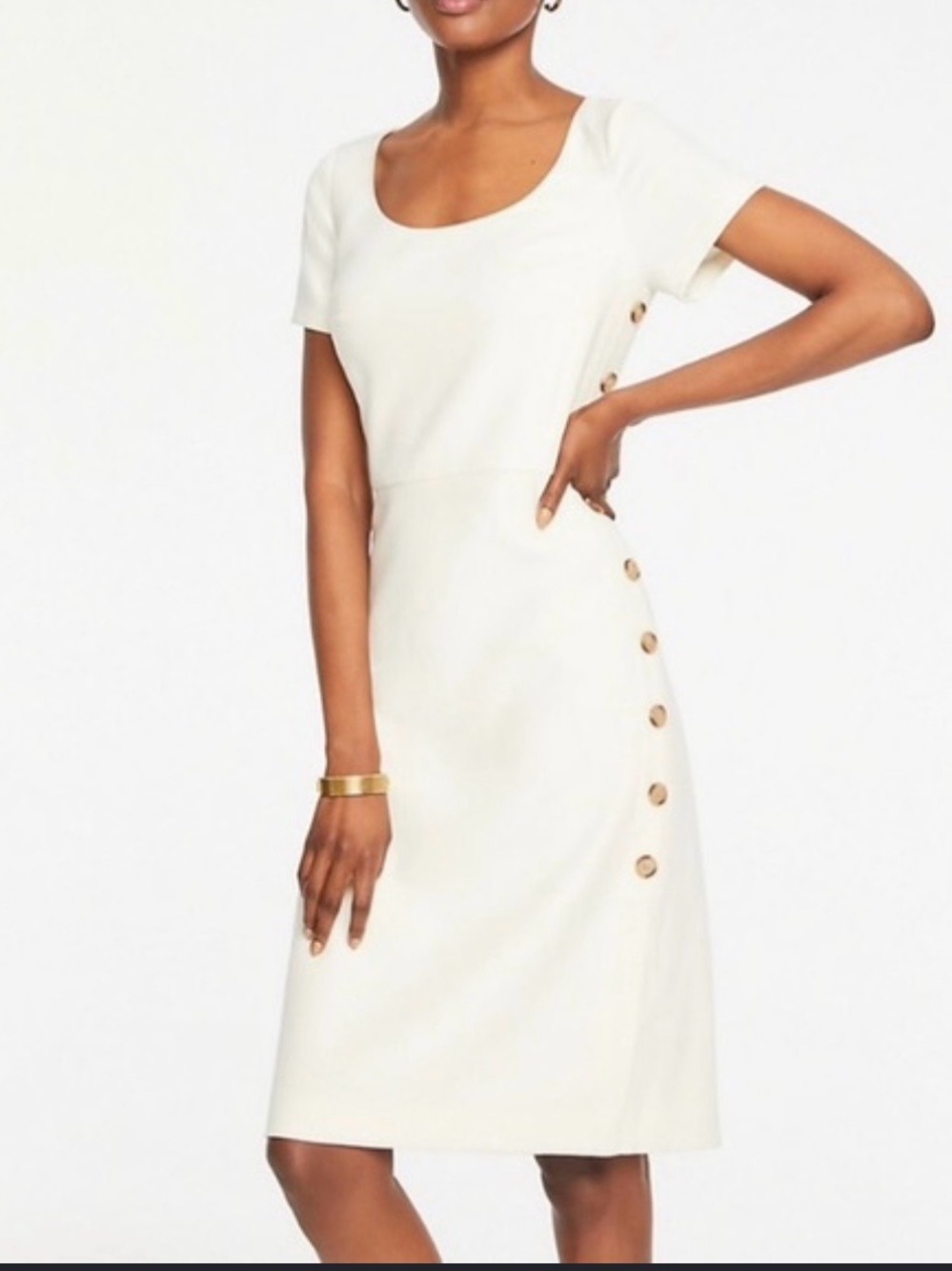 Ann Taylor Cream Scoop-Neck Midi Dress with Side Buttons
